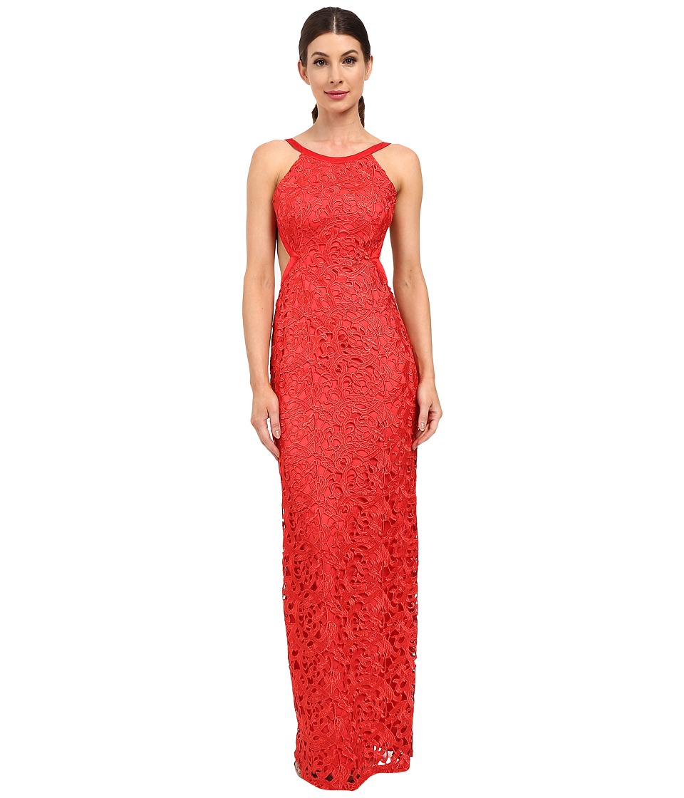 Aidan Mattox Long Lace Halter Gown with Open Back and Cut Out Sides Red Dress Aidan Mattox Long Lace Halter Gown with Open Back and Cut Out Sides Red Dress