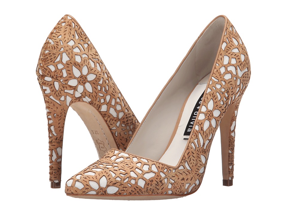 Alice + Olivia Dina Three (Natural Laser Cut Cork/Ivory Canvas) High Heels