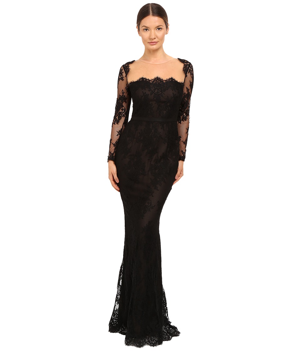Marchesa Notte Long Sleeve Lace Gown with Illusion Neckline Black Dress Marchesa Notte Long Sleeve Lace Gown with Illusion Neckline Black Dress