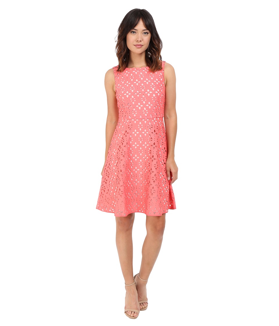 Adrianna Papell Extended Shoulder Fit Flare Laser Cut Scuba Dress (Light Coral/Petal) Women