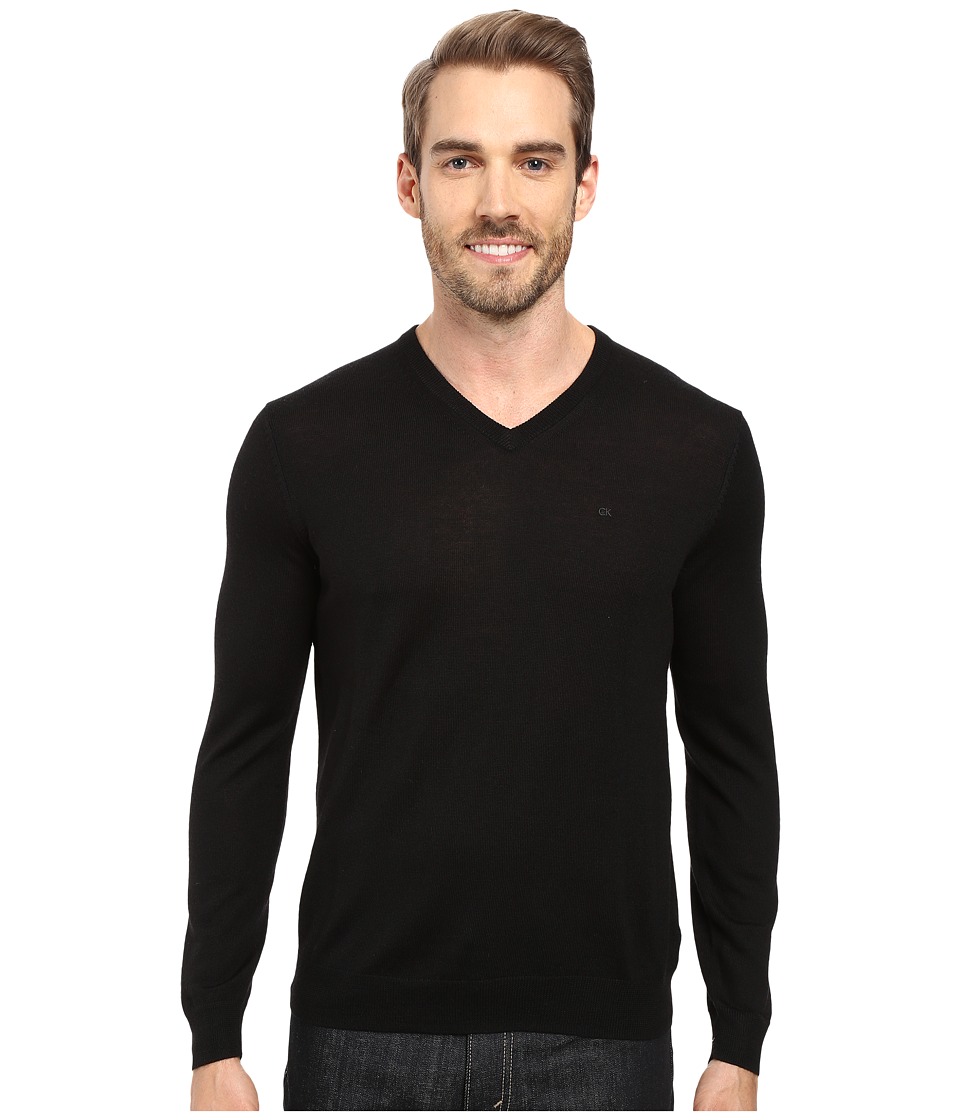 Calvin Klein Solid Merino V-Neck Sweater (Black) Men