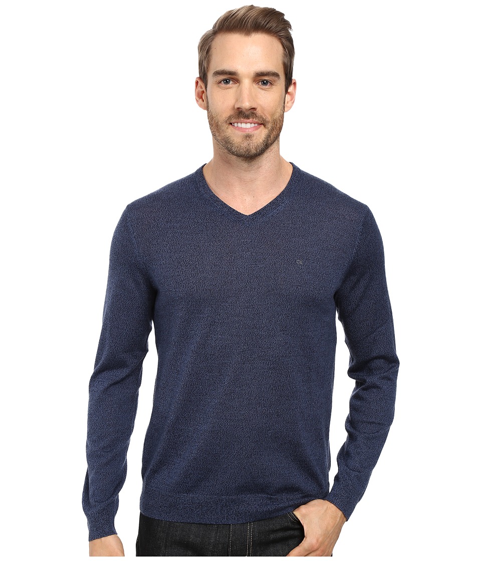 Calvin Klein Solid Merino V-Neck Sweater (Indigo Mouline) Men