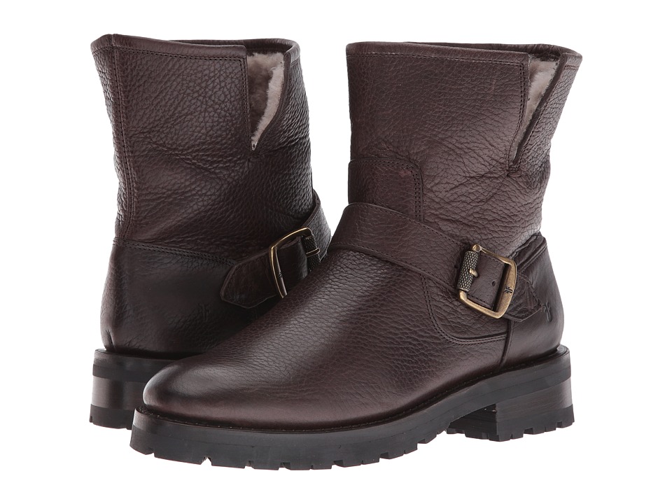 Frye Natalie Short Engineer Lug (Dark Brown Waterproof Waxed Pebbled Leather/Shearling) Women