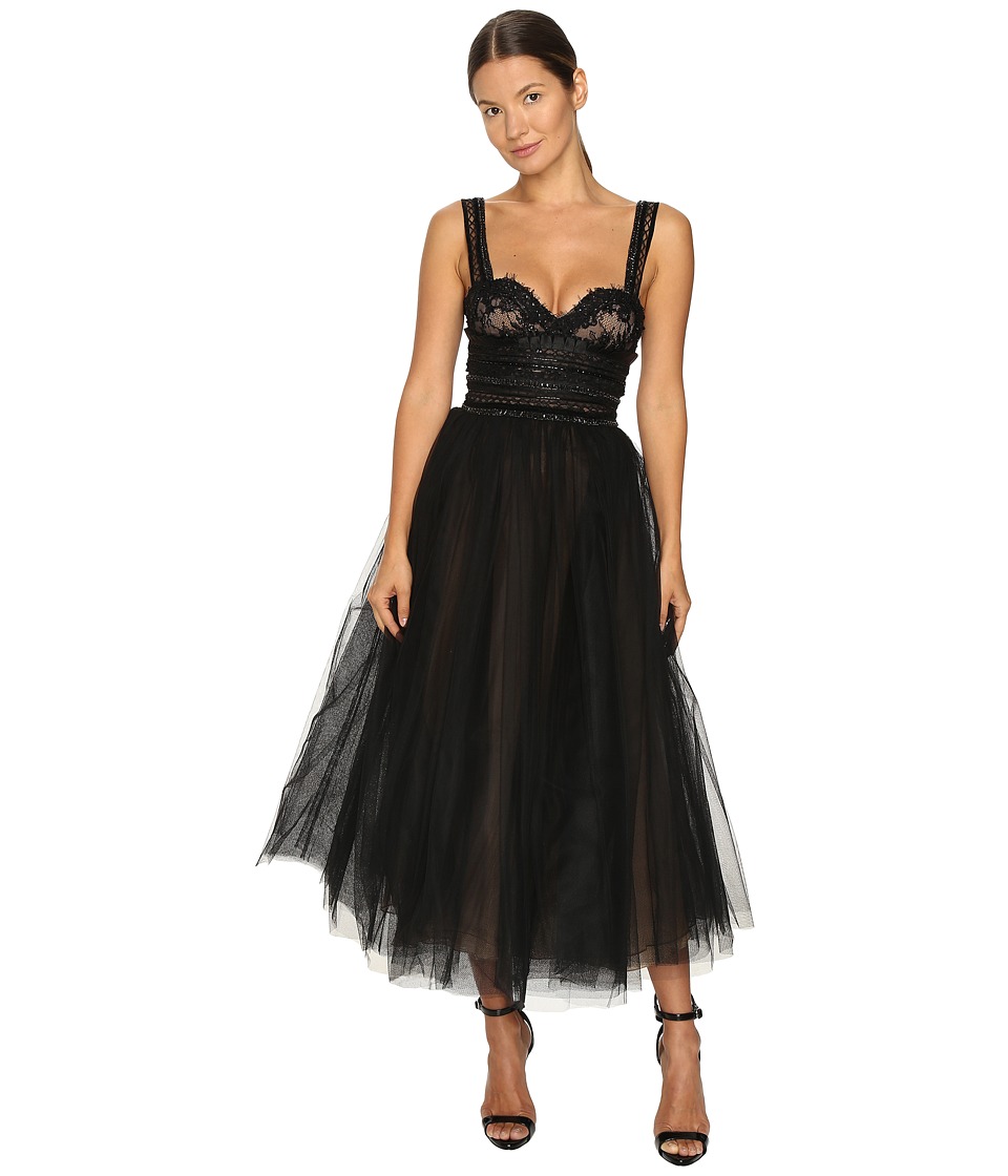 Marchesa Tea-Length Flared Cocktail with Beaded Lace Bustier Wide Shoulder Straps and Textured Ruffle Embroidery Black Dress Marchesa Tea-Length Flared Cocktail with Beaded Lace Bustier Wide Shoulder Straps and Textured Ruffle Embroidery Black Dress