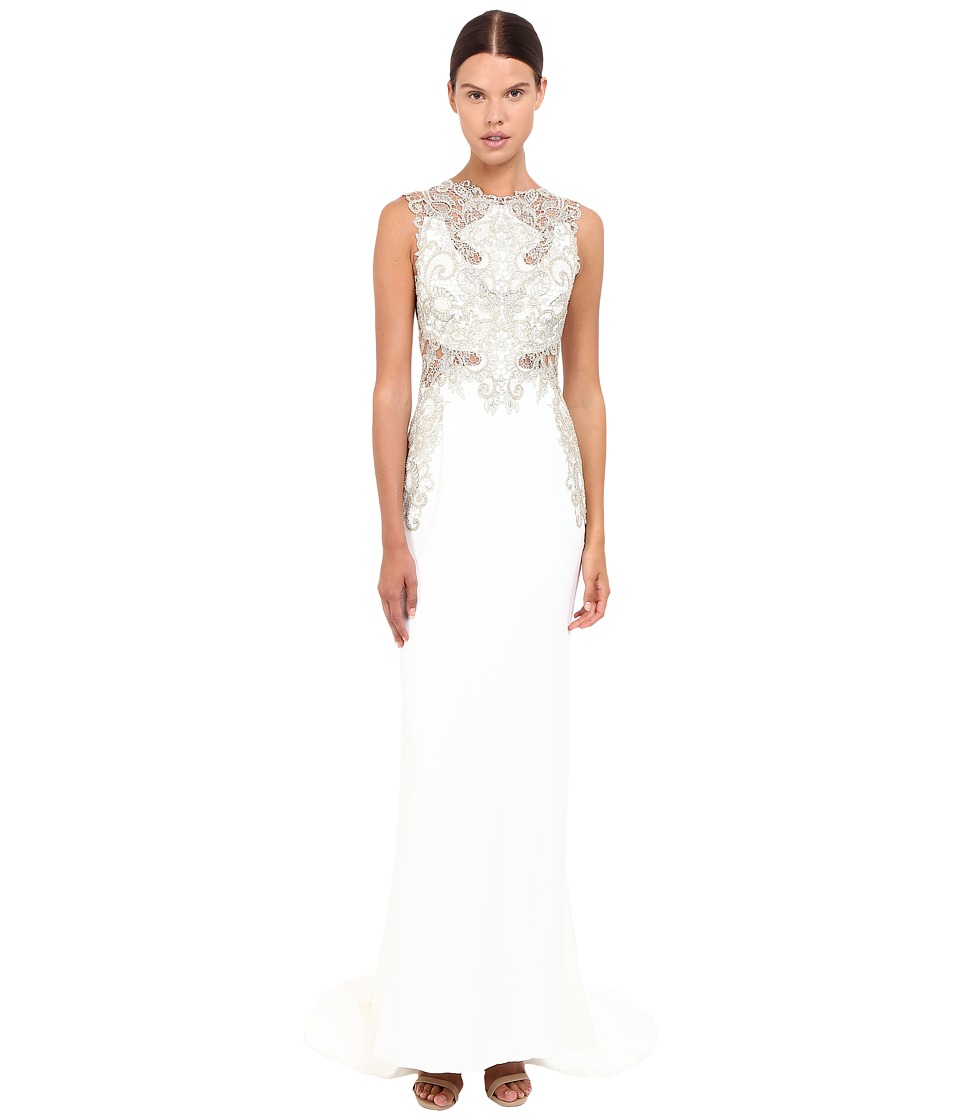 Marchesa Stretch Crepe Fitted A-Line Gown with Gold Beaded Appliques Cut Out Details and Train Ivory Dress Marchesa Stretch Crepe Fitted A-Line Gown with Gold Beaded Appliques Cut Out Details and Train Ivory Dress
