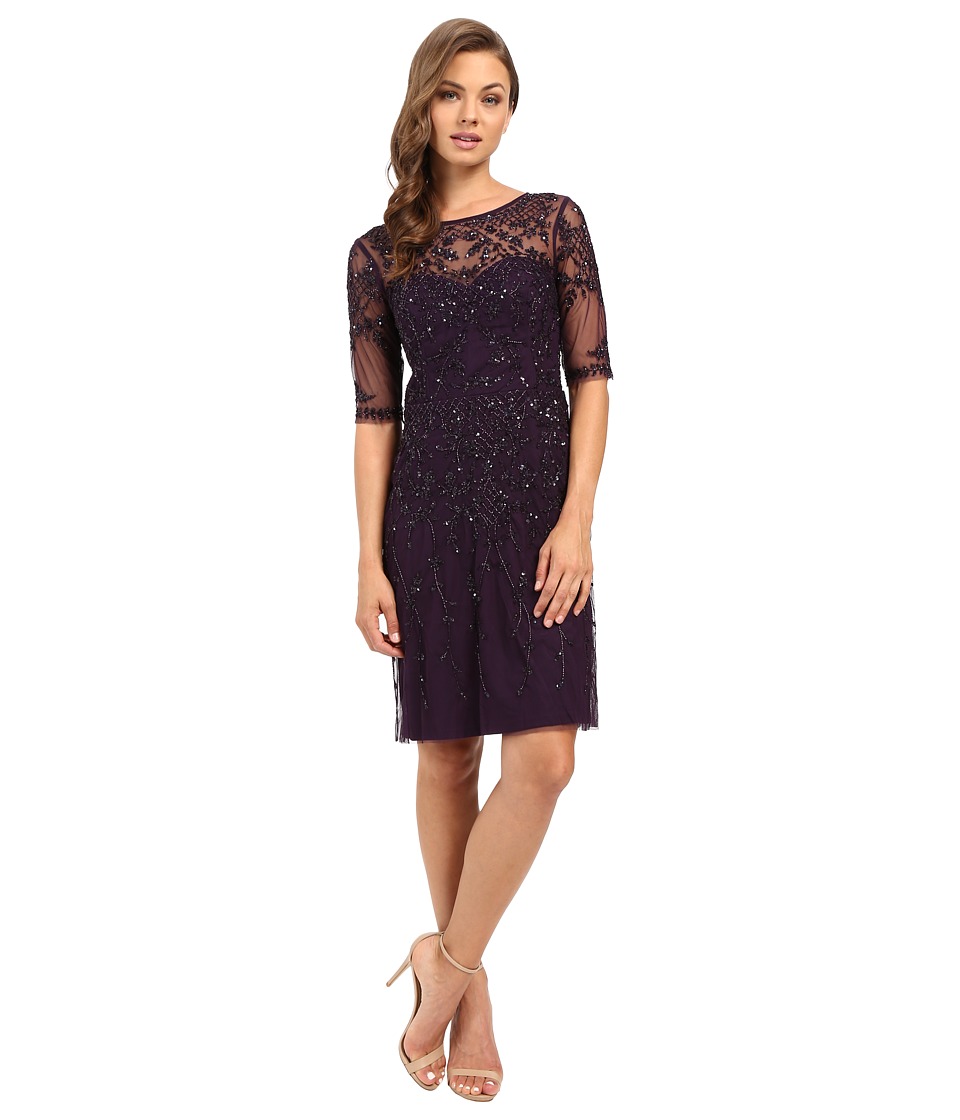 Adrianna Papell 3/4 Sleeve Fully Beaded Cocktail Dress (Amethyst) Women