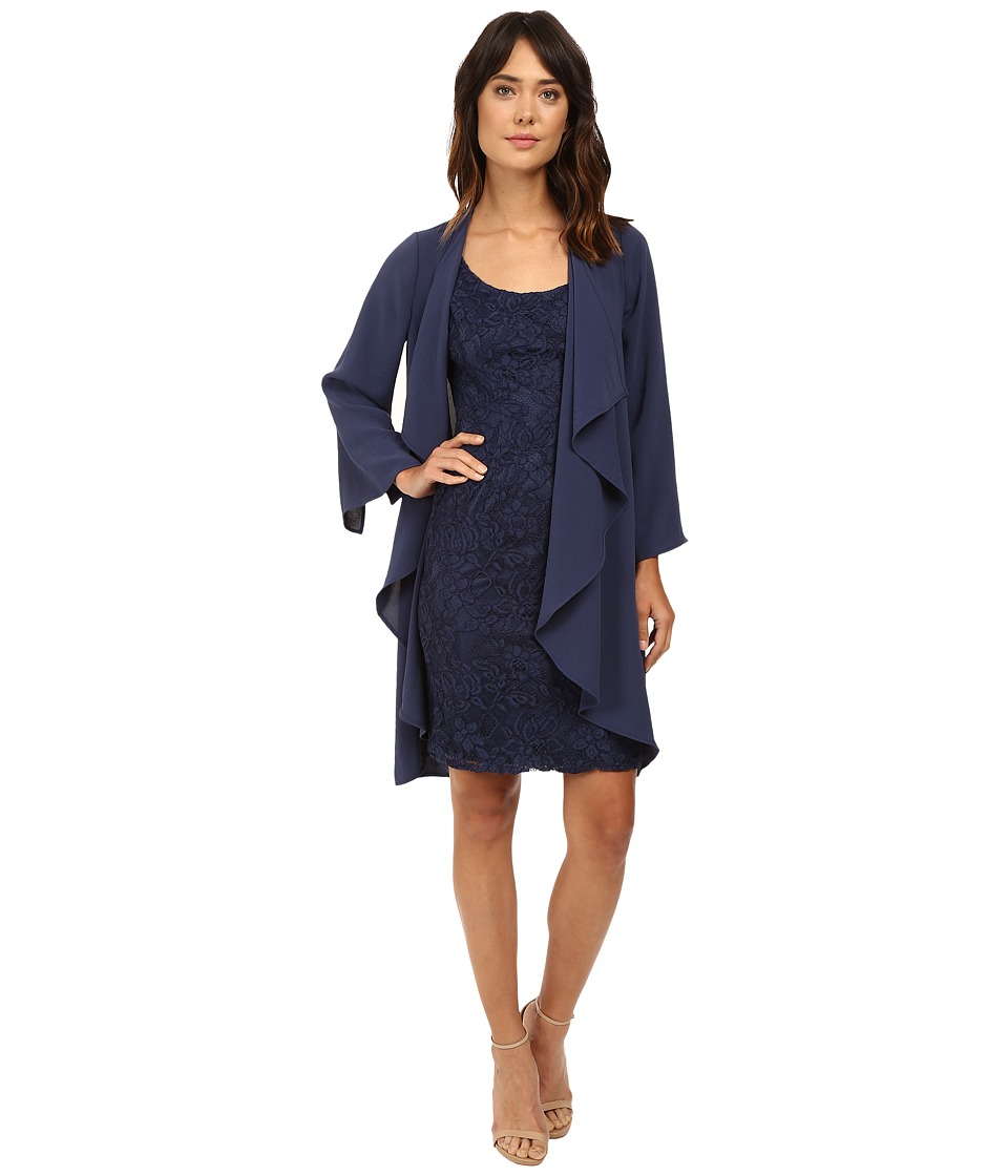 Adrianna Papell Draped Jacket w/ Scoop Lace Dress (Dusky Navy) Women