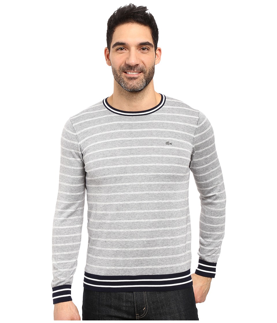 Lacoste Long Sleeve Double Face Chine Stripe Crew Neck Sweater (Silver Chine/Navy Blue/White) Men