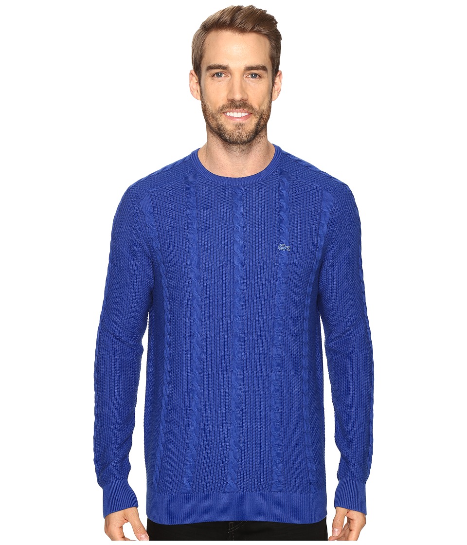 Lacoste Long Sleeve Resort Cotton Cable Crew Neck (Steamship Blue) Men