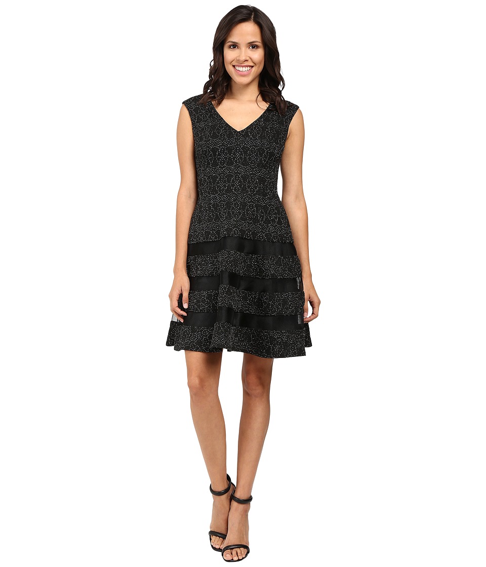 Aidan Mattox Metallic Knit Cocktail Dress w/ Shadow Stripe Detail (Black/Silver) Women