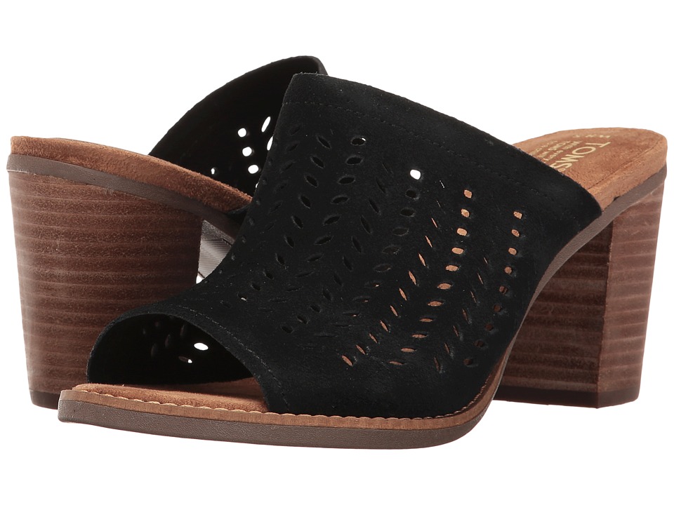 TOMS Majorca Mule Sandal (Black Suede Perforated Leaf) Women
