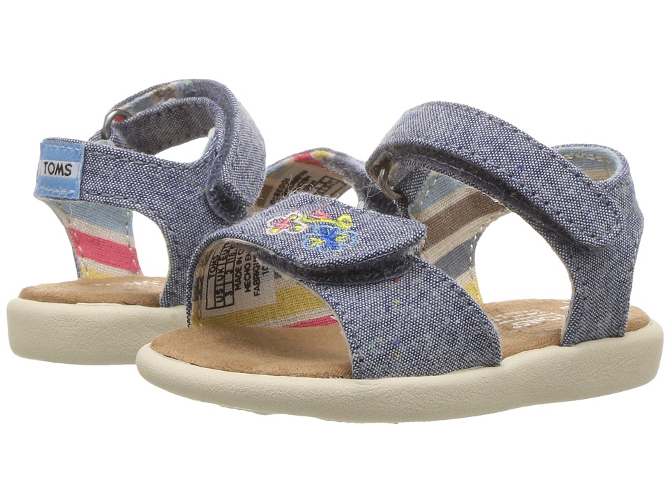 TOMS Kids Strappy Sandals (Toddler/Little Kid/Big Kids) (Blue Multi Chambray/Embroidery) Girls Shoes