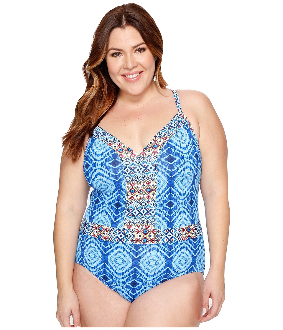 Bleu Rod Beattie Plus Size Mykonos Plunge X-Back Mio One-Piece (Bleu Multi) Women