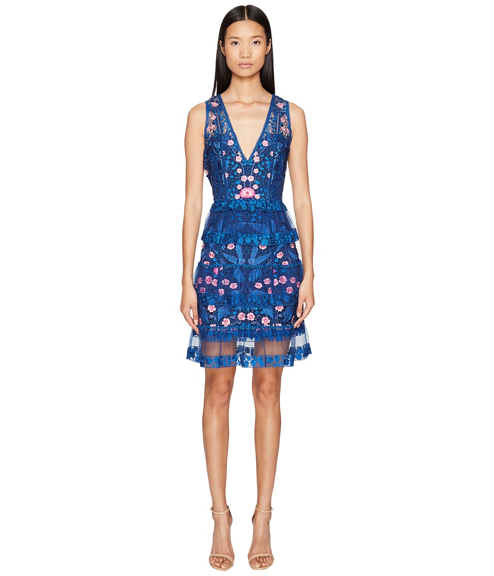 Marchesa Notte Sleeveless Cocktail Guipure Lace Tiered Skirt Navy Dress Marchesa Notte Sleeveless Cocktail Guipure Lace Tiered Skirt Navy Dress