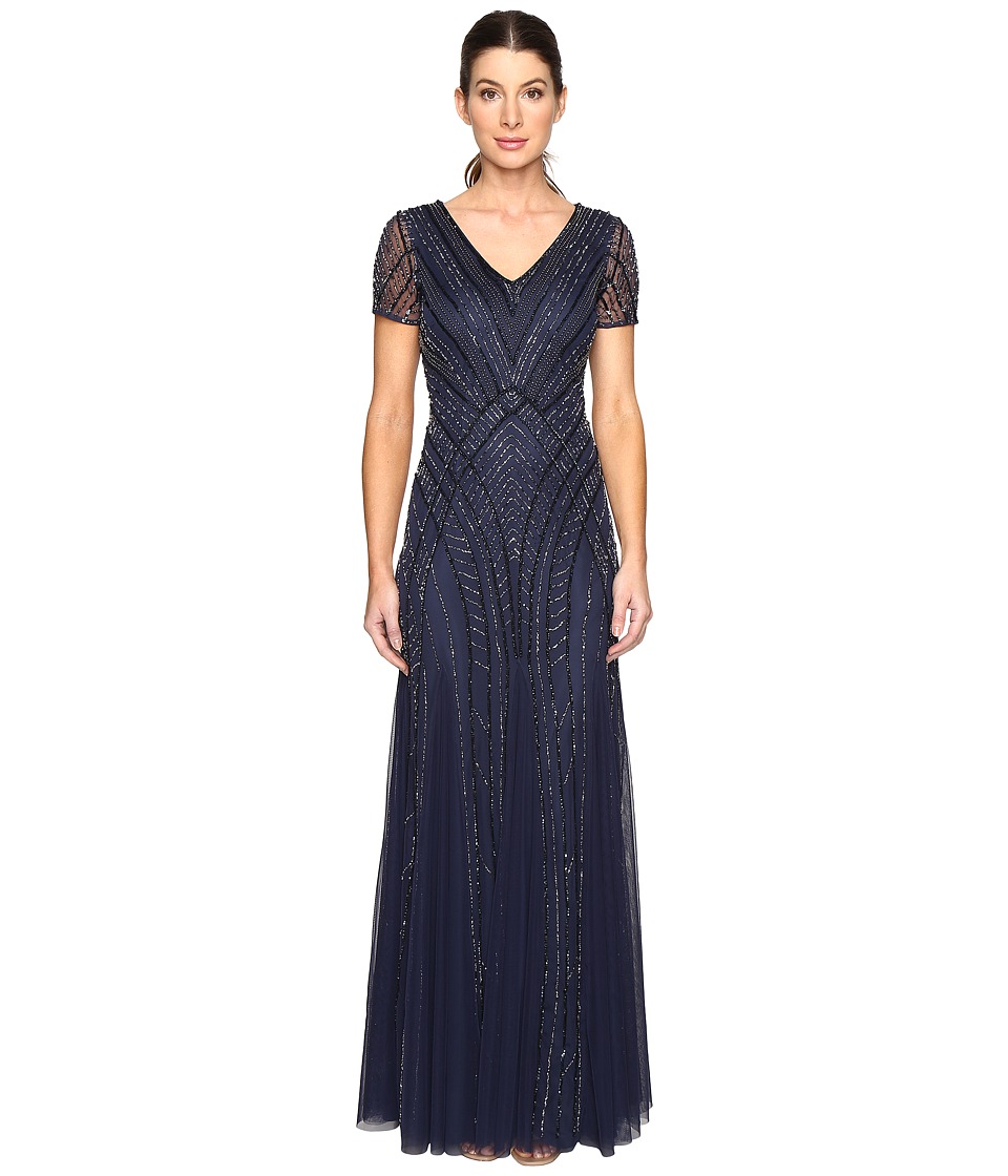 Adrianna Papell Short Sleeve Illusion Neck Beaded Gown Navy Dress Adrianna Papell Short Sleeve Illusion Neck Beaded Gown Navy Dress