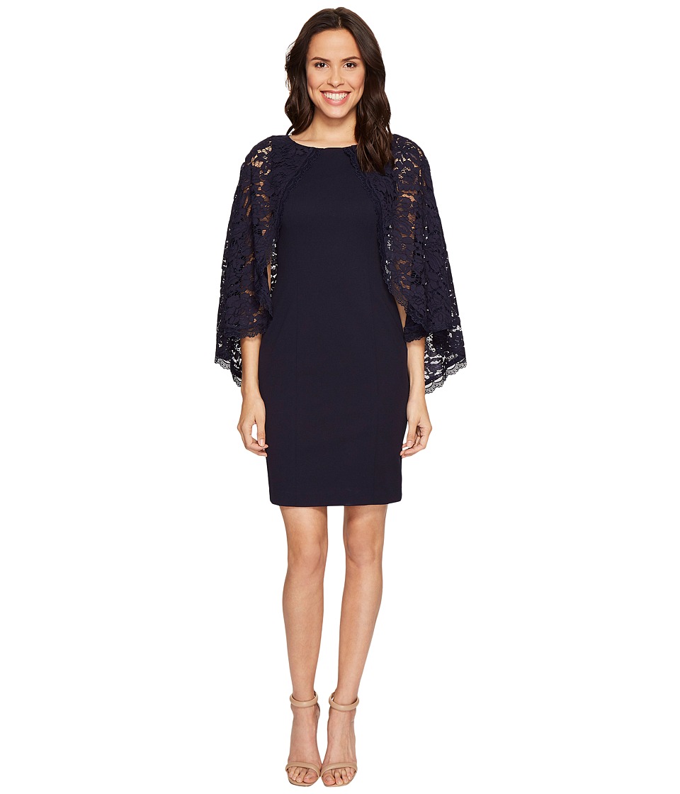 Adrianna Papell Cynthia Lace Cape Sheath Dress (Navy) Women