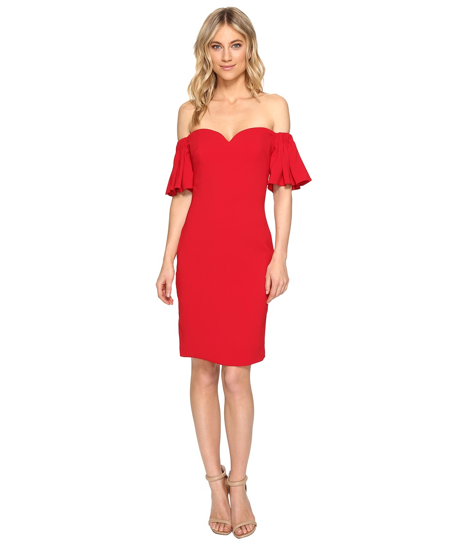 Badgley Mischka Stretch Crepe Off the Shoulder Flare Sleeve Red Dress Badgley Mischka Stretch Crepe Off the Shoulder Flare Sleeve Red Dress
