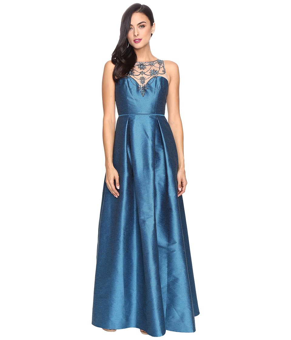 Adrianna Papell Casablanca Halter Beaded Bodice Ball Gown with Front Slit (Teal Crush) Women