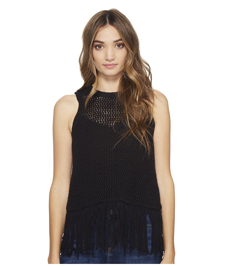 Michael Stars Cotton Slub Split Back Fringe Tank Top (Black) Women