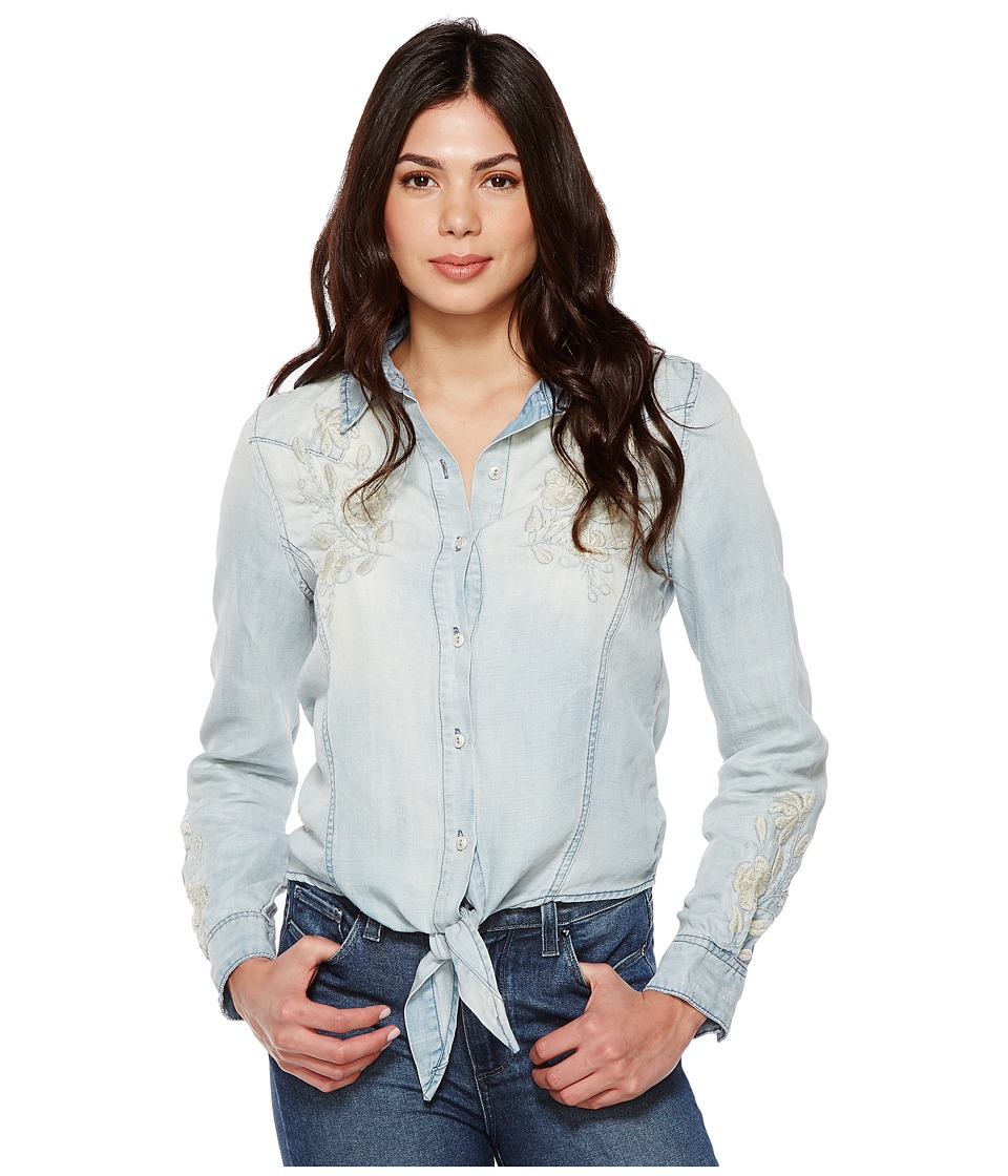 Blank NYC Denim Embroidered Shirt with Knotting Detail in Washed Up (Washed Up) Women