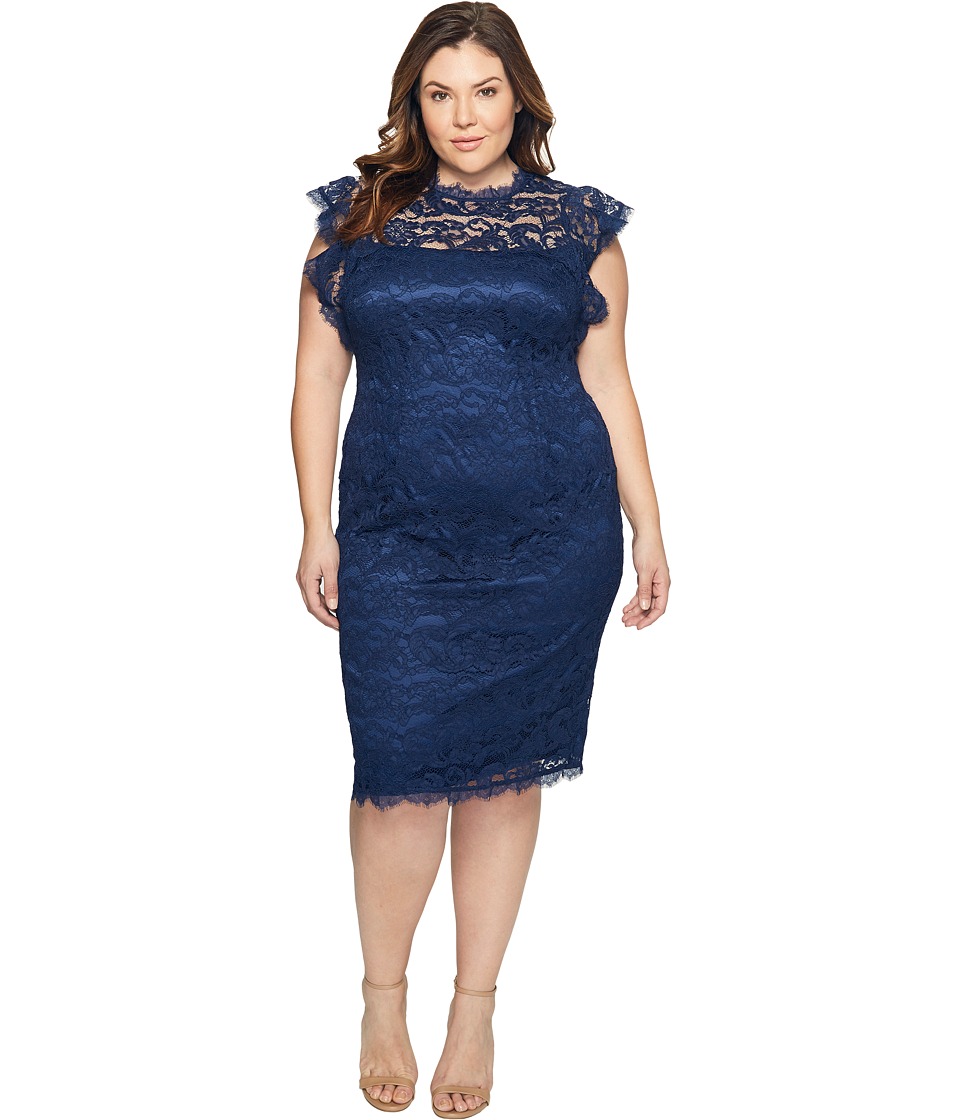 Adrianna Papell Plus Size Mock Neck, Ruffled Sleeve Lace Sheath Dress (Night Navy) Women