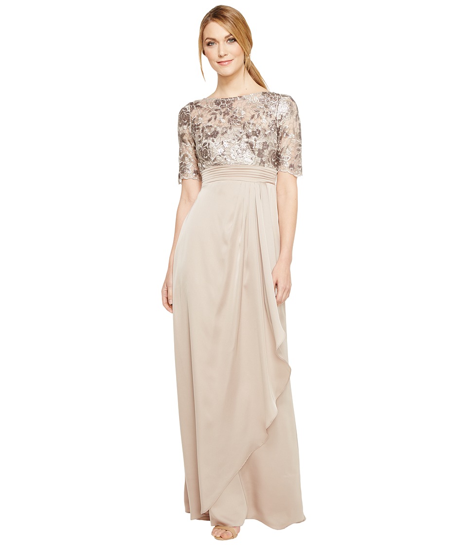 Adrianna Papell Floral Sequin Embroidered Drape Gown (Light Mink) Women