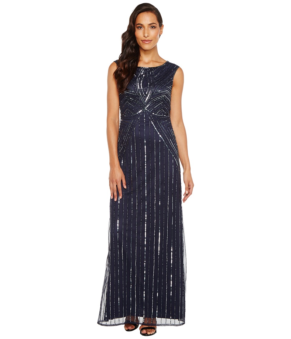 Adrianna Papell Extended Cap Sleeve Swirl Bead Gown (Navy) Women