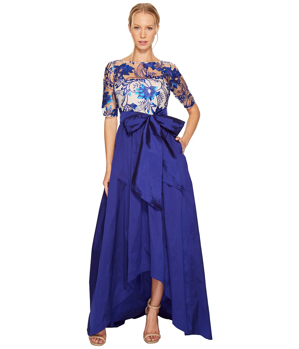 Adrianna Papell Floral Flutter Sequin Embellished Gown (Royal/Nude) Women