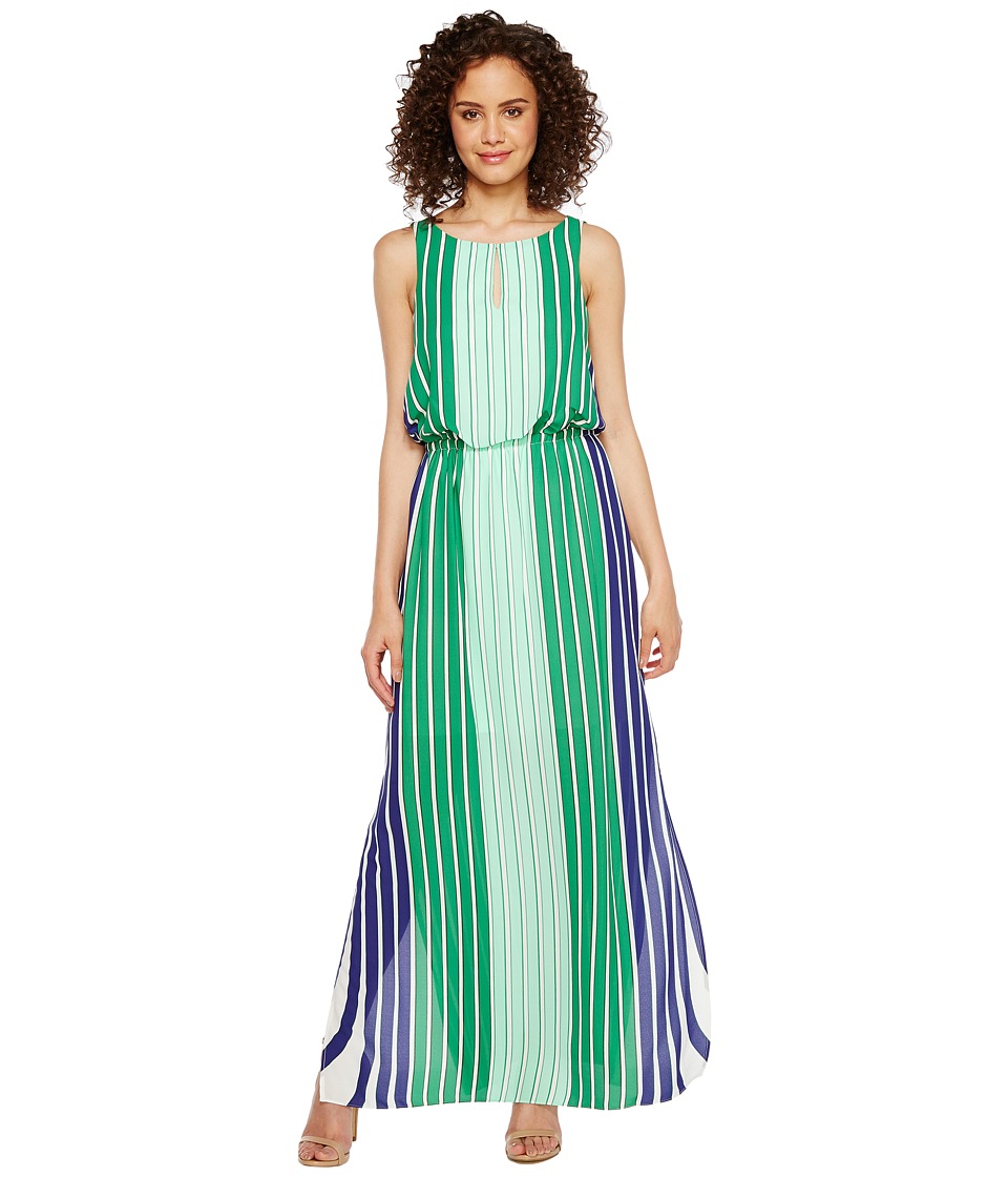 Adrianna Papell Beta Stripe Printed Georgrette Blouson Keyhole Maxi Dress (Green Multi) Women