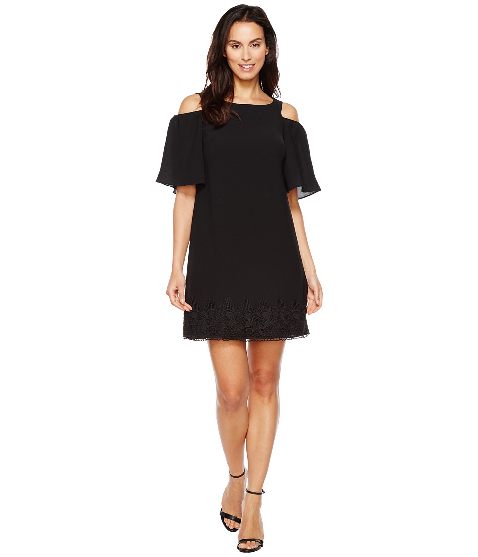 Adrianna Papell Gauzy Crepe Cold Shoulder Shift Dress w/ Elbow Sleeve (Black) Women