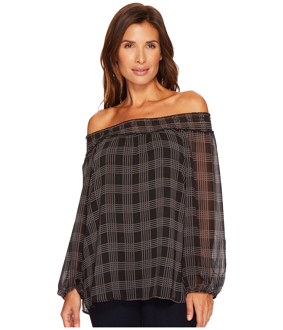 Tribal Plaid Off Shoulder Blouse (Black) Women