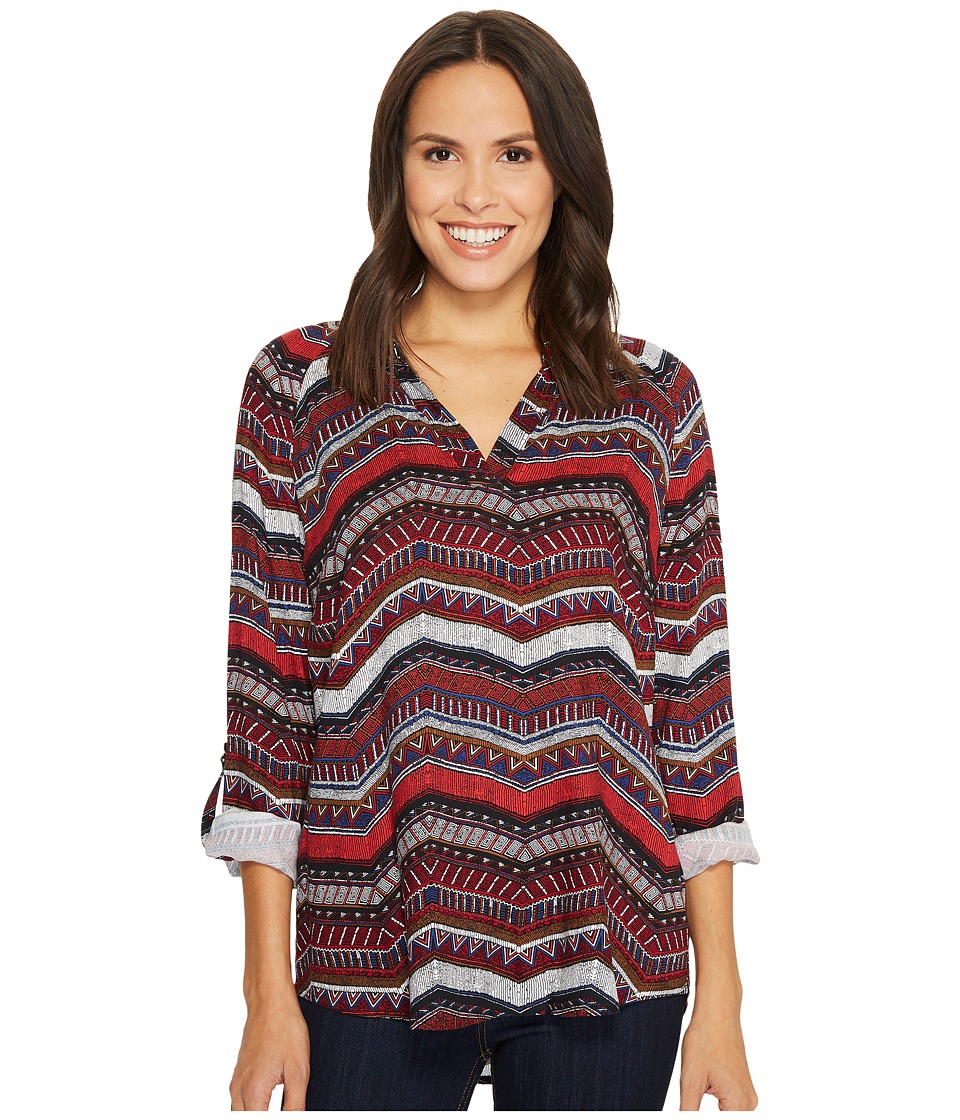 Tribal Long Sleeve Blouse w/ Roll Up Sleeve and Beading Detail (Red) Women