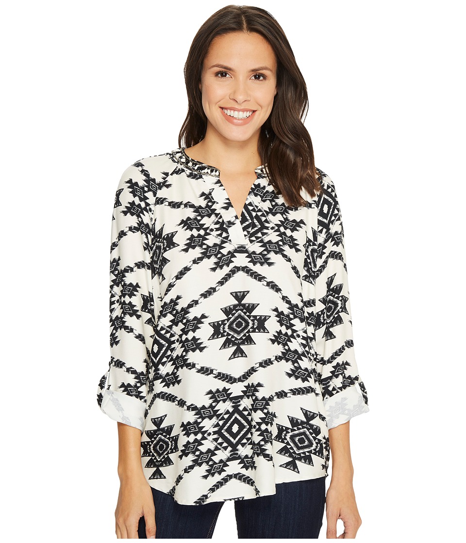 Tribal Long Sleeve Blouse w/ Roll Up Sleeve and Beading Detail (Cream) Women