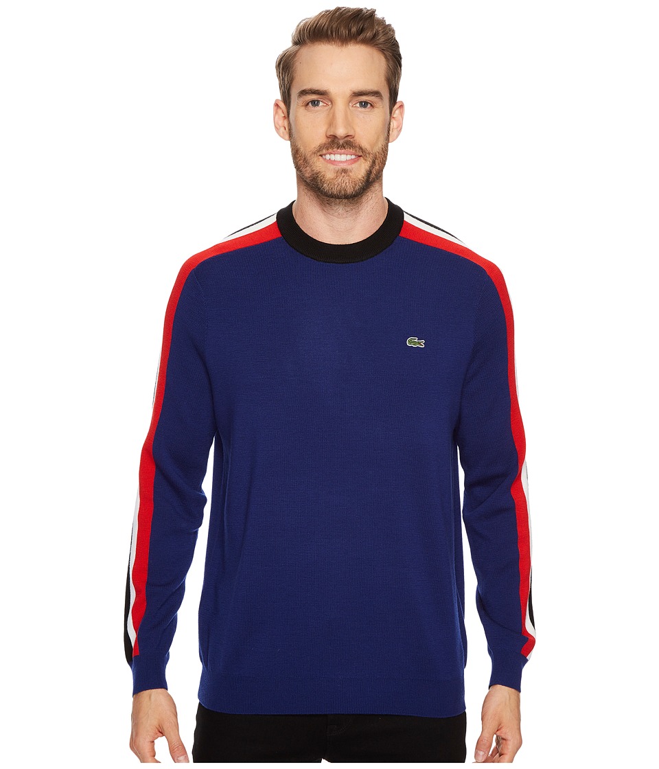 Lacoste Mouline Jersey Jacquard Wool Blend Sweater with Stripes On Sleeve (Methylene/Black/Flour/Cherry Red) Men