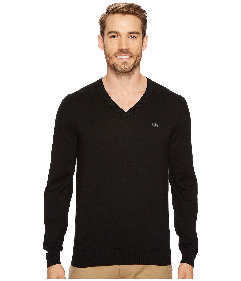 Lacoste Cotton Jersey V-Neck Sweater (Black) Men