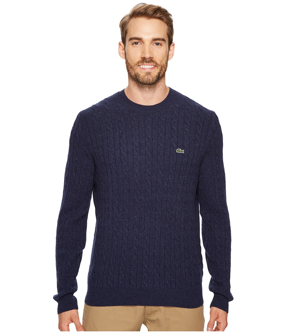Lacoste Cable Stitch Wool Sweater with Green Croc New Cable Pattern (Midnight Blue Chine) Men