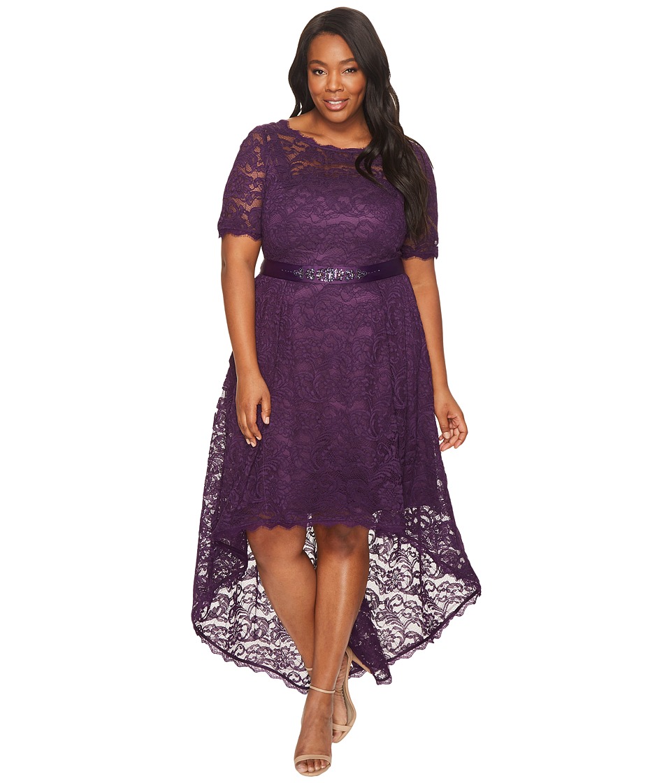 Adrianna Papell Plus Size Short Sleeve Lace Dress with High-Low Hem (Night Wine) Women