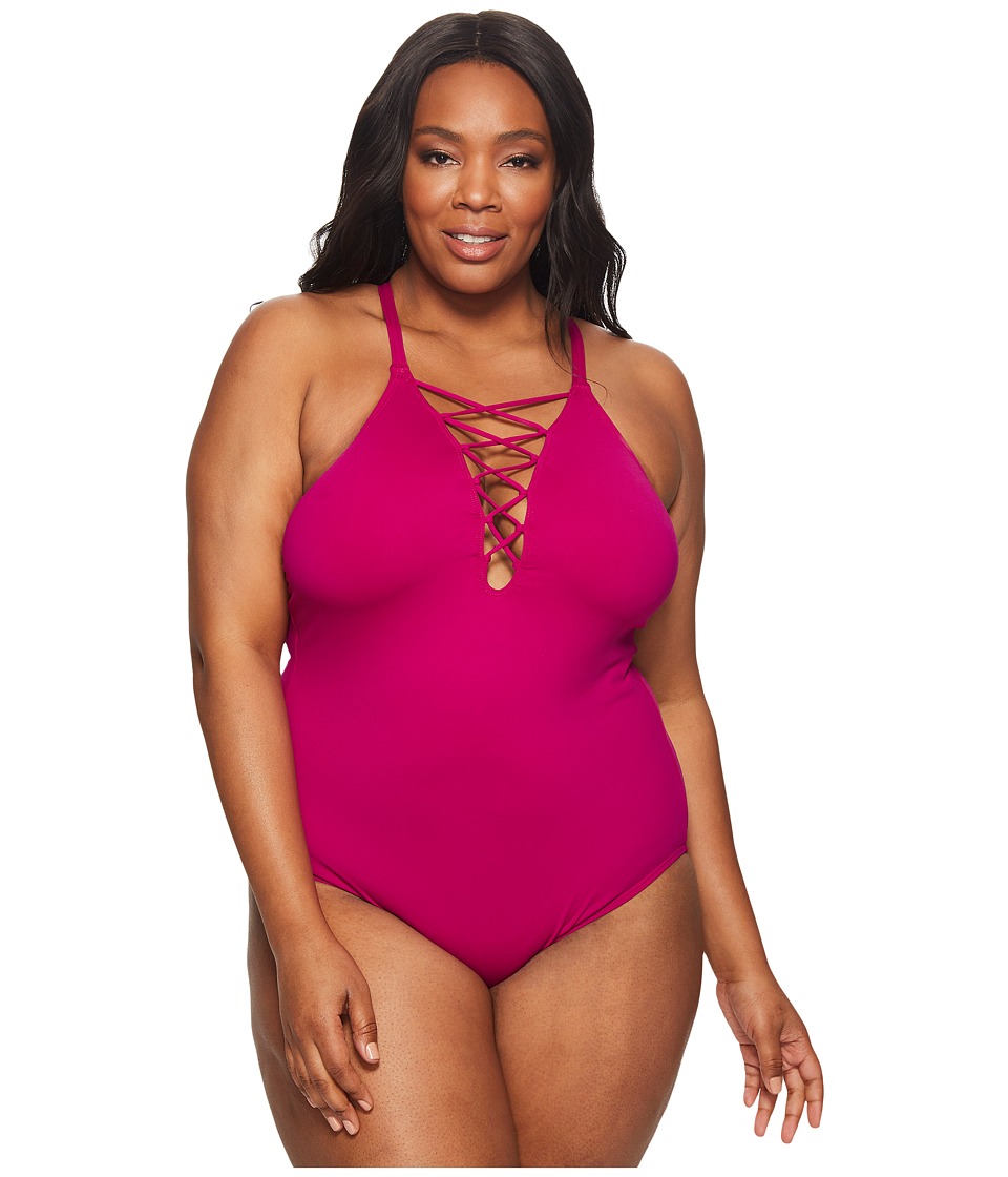 La Blanca Plus Size Island Goddess Hi-Neck Lace-Up One-Piece (Magenta) Women