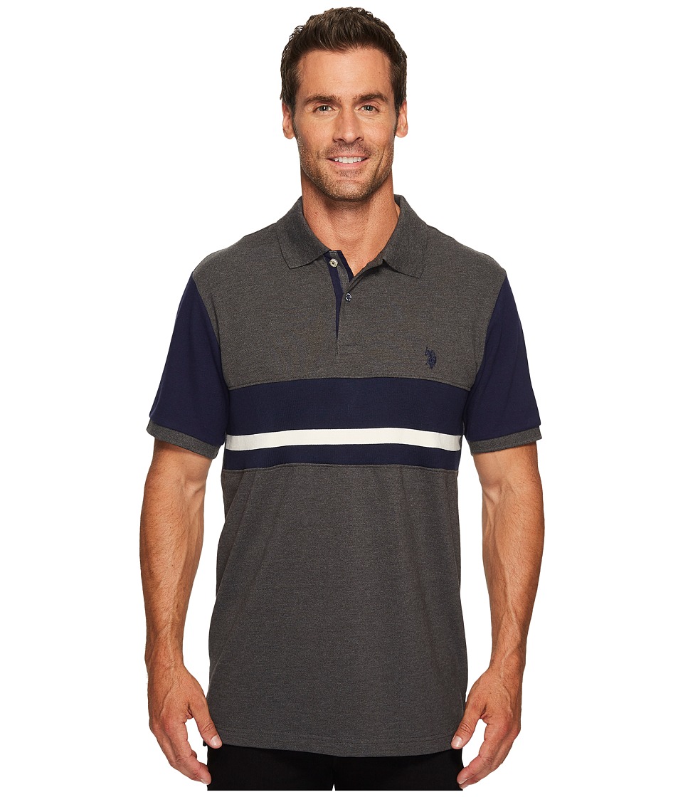 U.S. POLO ASSN. Classic Fit Color Block Short Sleeve Pique Polo Shirt (Dark Heather Grey) Men
