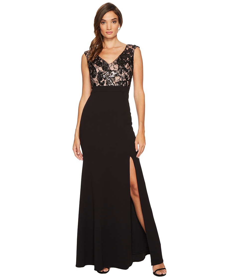 Adrianna Papell Cap Sleeve Long Gown with Lace Bodice (Black/Nude) Women