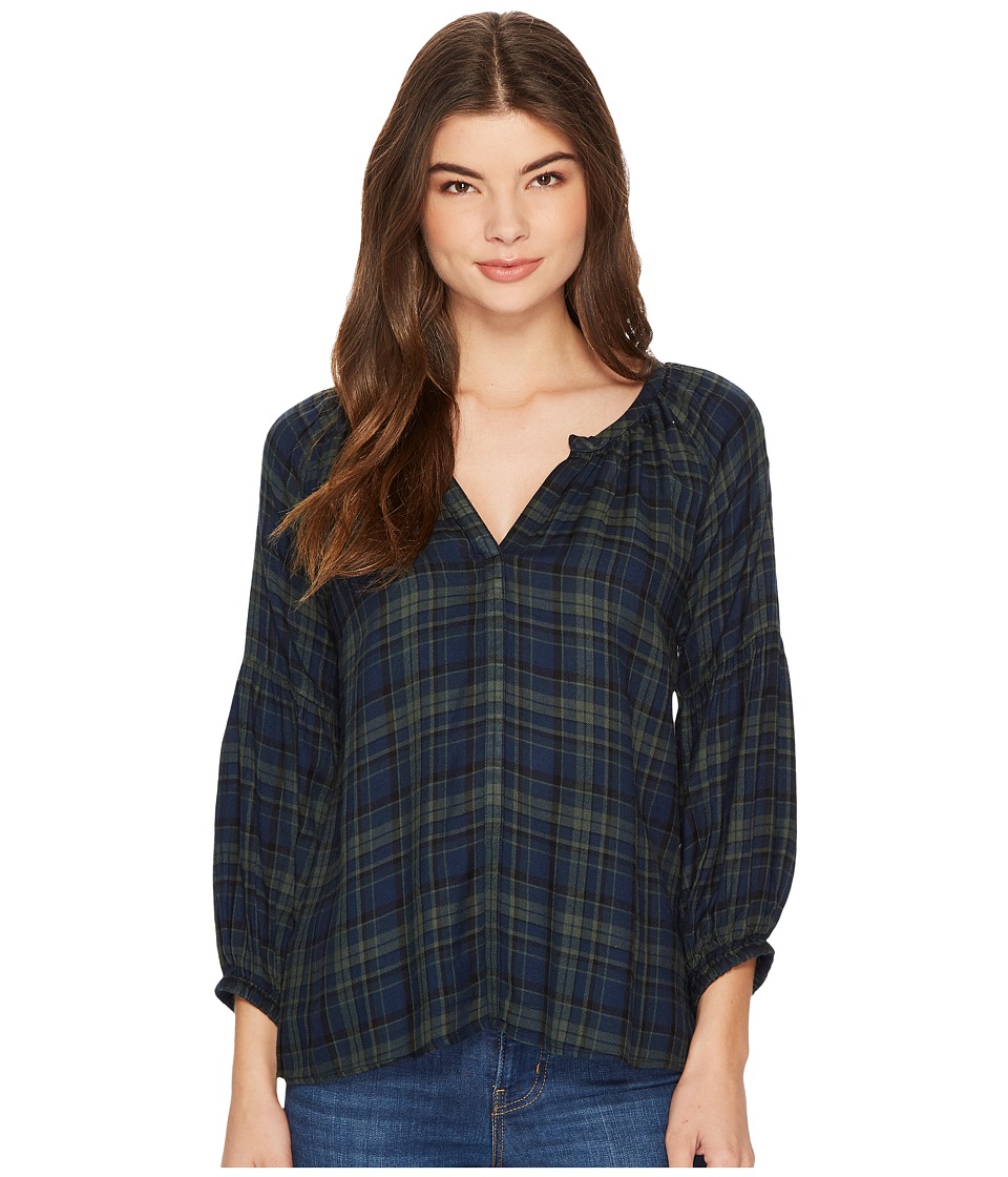 Michael Stars Plaid 3/4 Sleeve Split-Neck Top (Nocturnal/Forest) Women