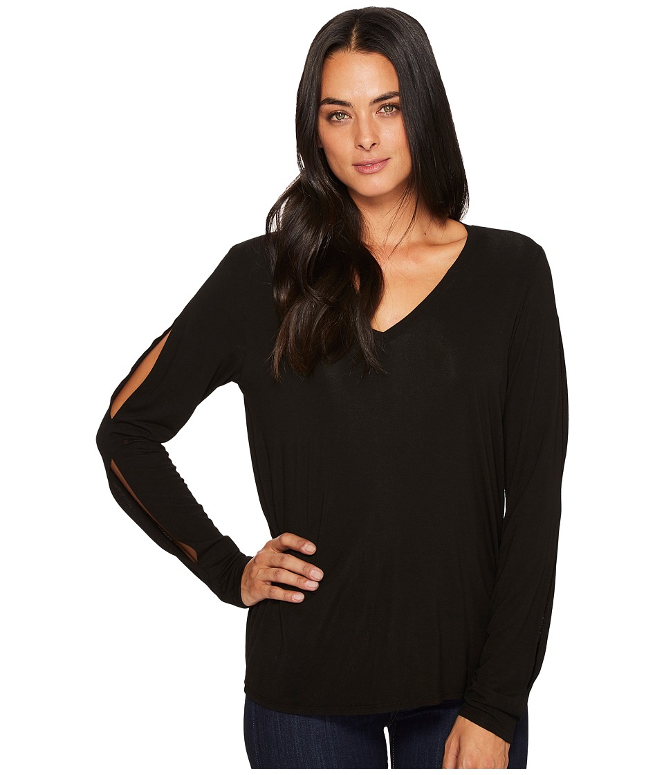 Michael Stars Jersey Lycra V-Neck Long Sleeve with Slit (Black) Women