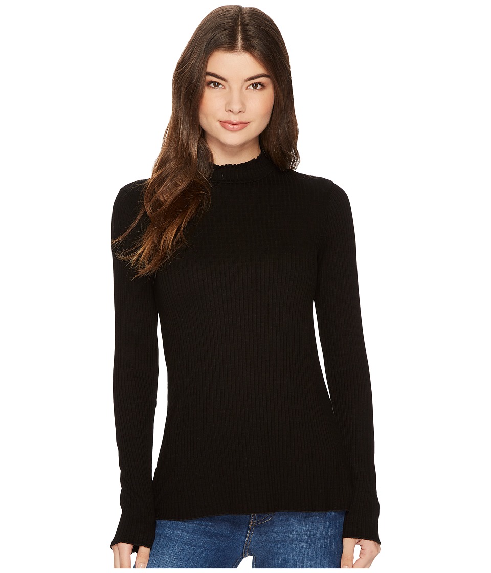 Michael Stars Striped Rib Mock Neck Long Sleeve Lettuce Edge Top (Black) Women