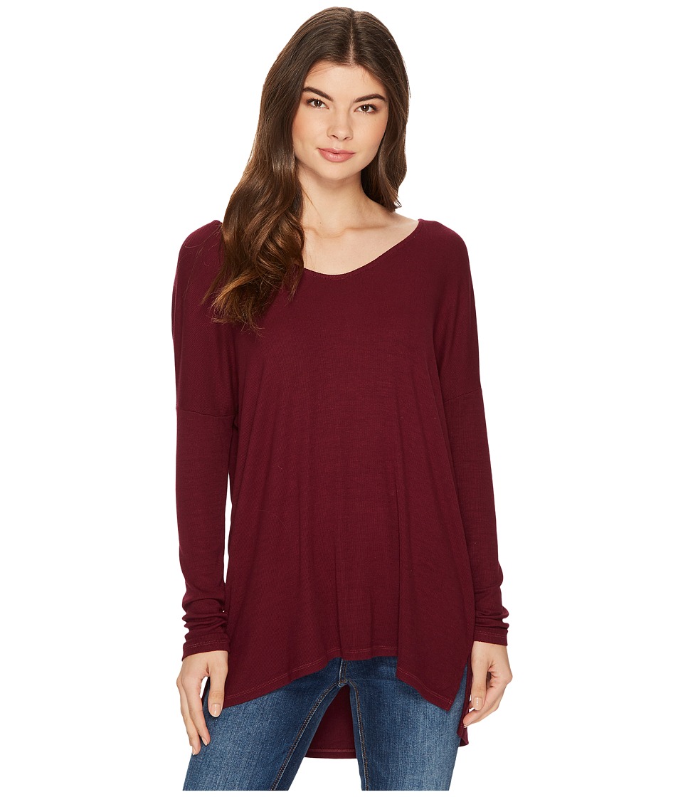 Michael Stars 2x1 Rib Long Sleeve Wide Vee Neck Hi Low (Garnet) Women