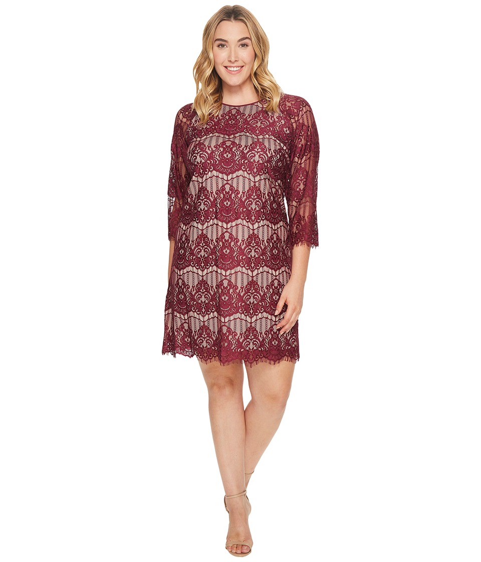 Adrianna Papell Plus Size Scalloped Lace Trapeze Dress (Burgundy/Bisque) Women