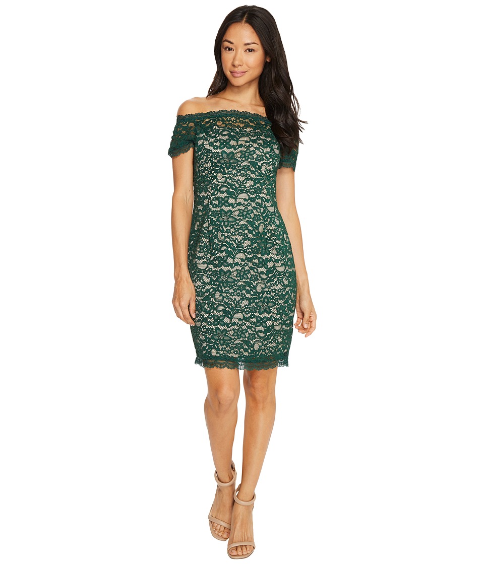 Adrianna Papell Petite Aubrey Lace Off the Shoulder Dress (Hunter/Bisque) Women