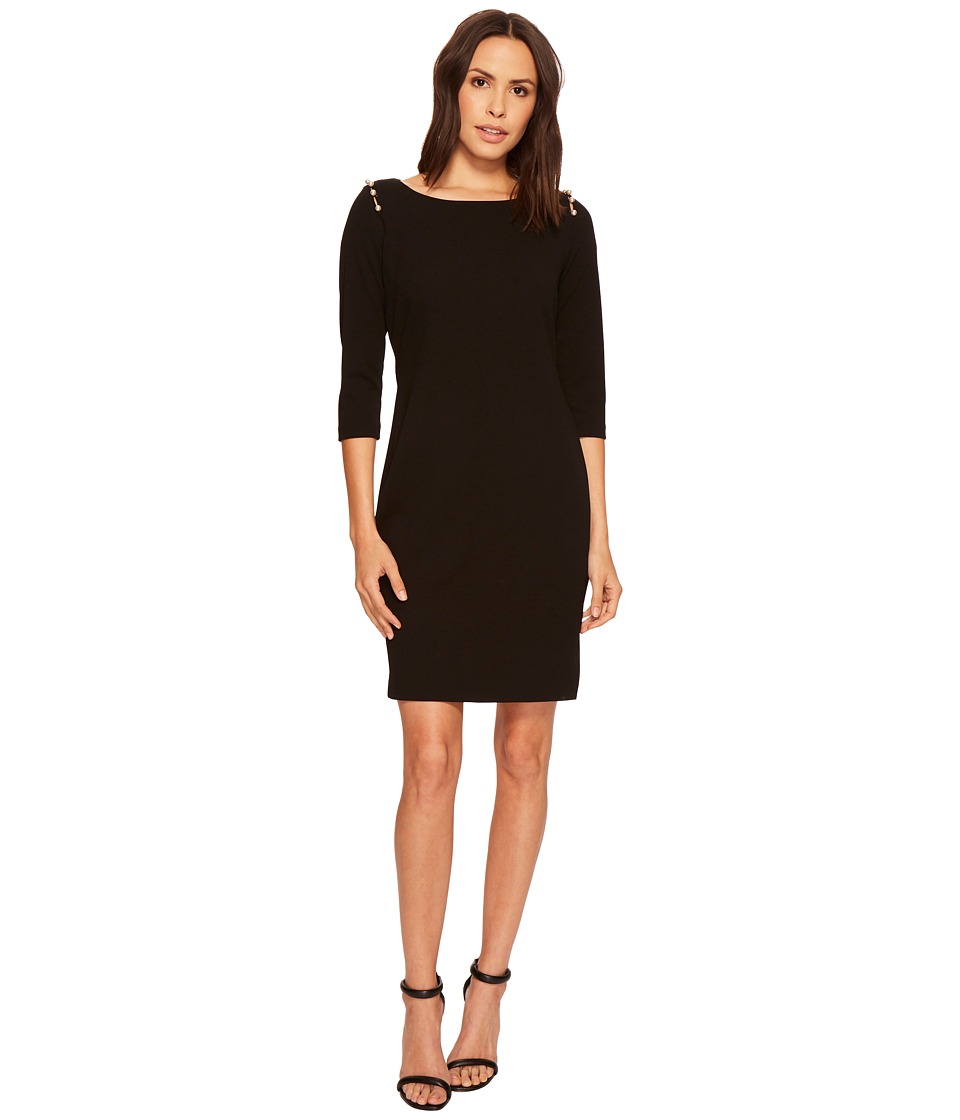 Taylor Scuba Crepe Dress w/ Pearl Buttons (Black) Women