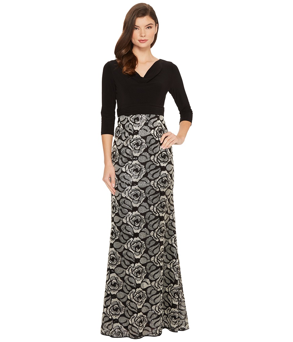 Adrianna Papell Draped Jersey Cowl Neck with Metallic Rose Embroidered Skirt Detail (Black/Gold) Women