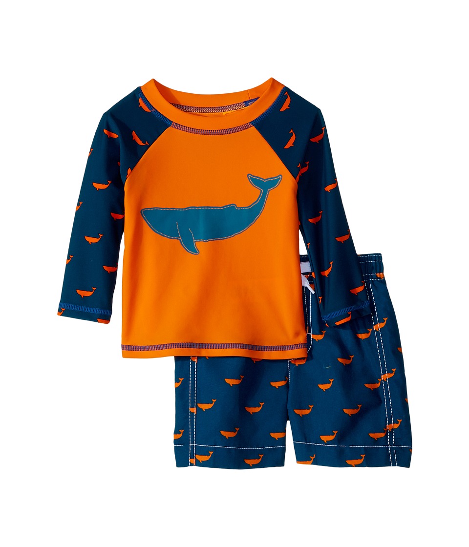 Hatley Kids Tiny Whales Mini Swim Trunks Rashguard Set (Infant) (Orange) Boy