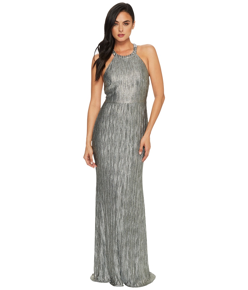 Adrianna Papell Crinkle Jersey Chocker Neck Gown (Silver) Women